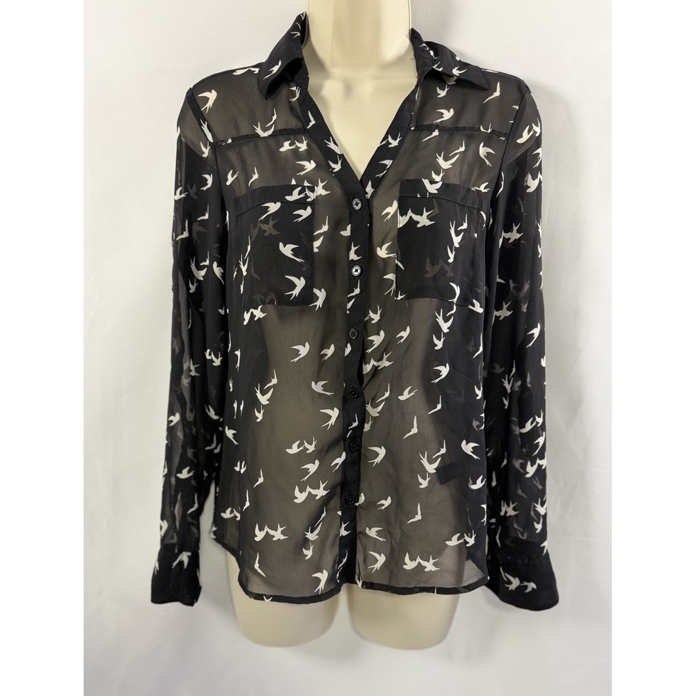 Express XS Portofino Top Birds Black Sheer Logo Button Up Shirt Blouse Sheer